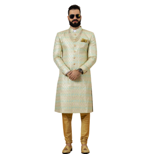 Traditional Lemon-Yellow Sequin Embroidered Sherwani | Father Son Combo | Perfect Groom Wear Achkan
